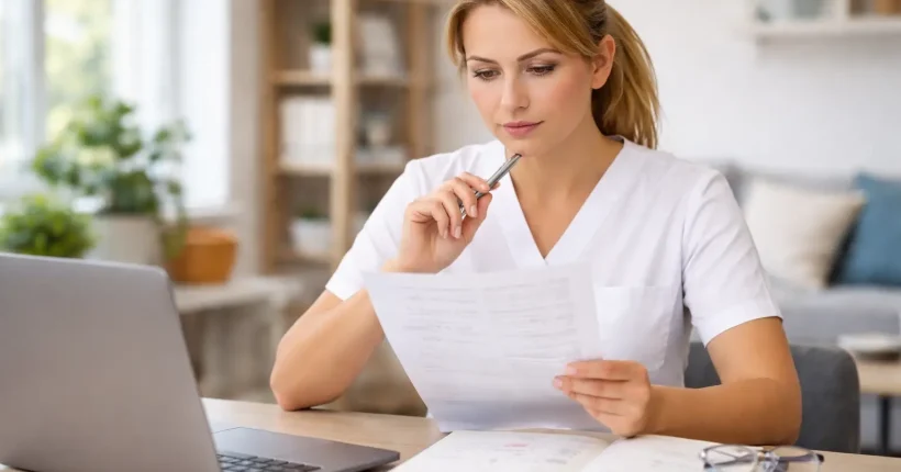 Pielęgniarka analizująca pytania testowe do specjalizacji przy laptopie i notatkach