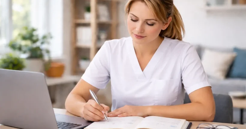 Pielęgniarka ucząca się skutecznie do specjalizacji pielęgniarskiej z notatkami i laptopem