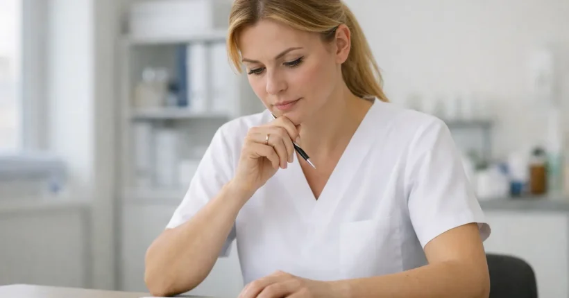 Pielęgniarka zastanawiająca się jak wybrać specjalizację pielęgniarską