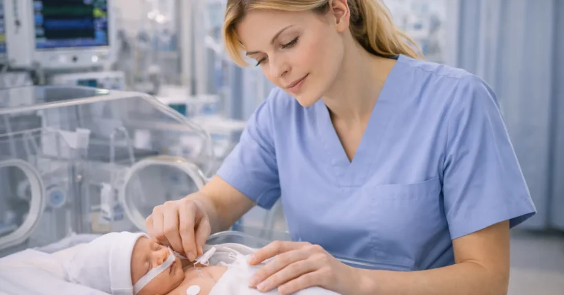 Pielęgniarka neonatologiczna opiekuje się noworodkiem.
