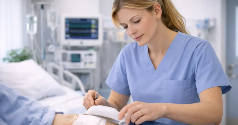 Pielęgniarka zmieniająca opatrunek
