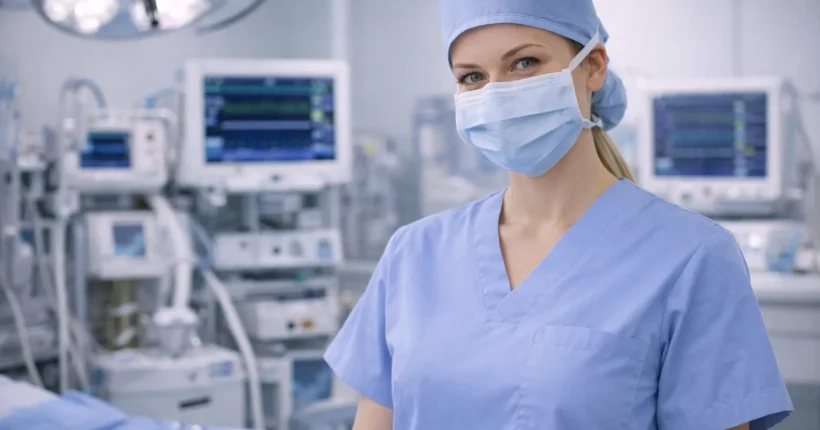 Pielęgniarka operacyjna w nowoczesnej sali operacyjnej.
