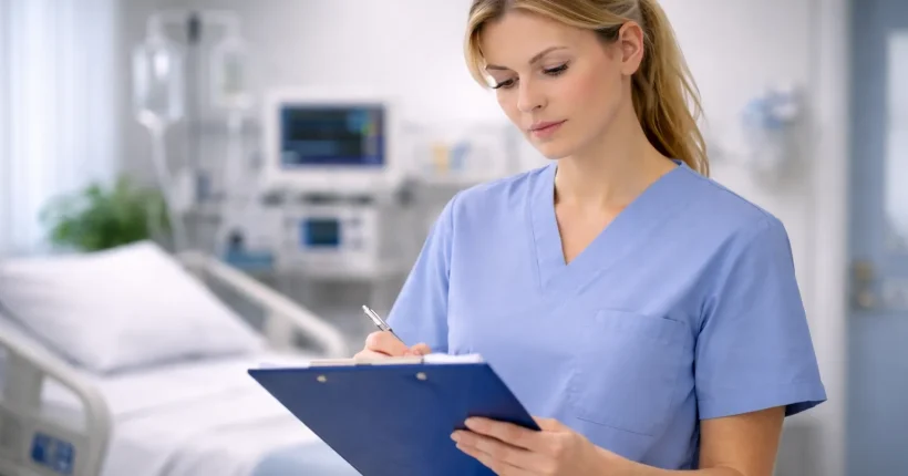 Pielęgniarka internistyczna robiąca notatki.