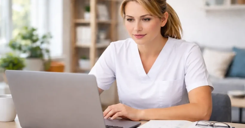 Pielęgniarka rozwiązująca quiz online na laptopie w przygotowaniu do specjalizacji