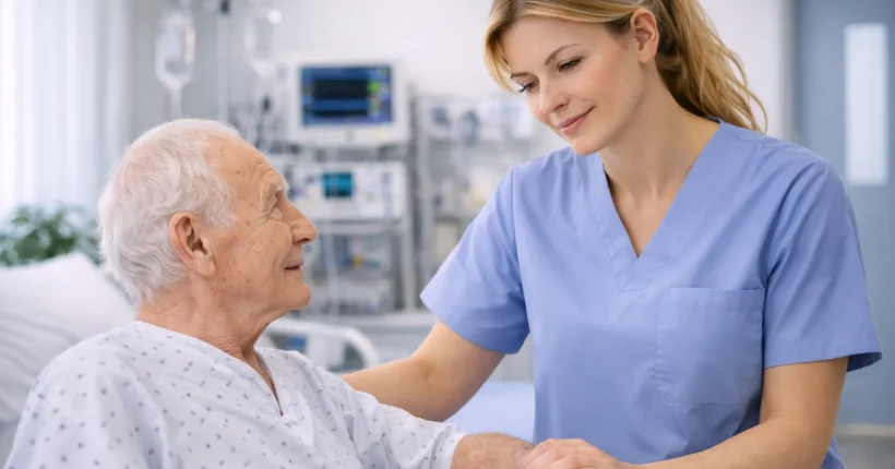 Zatroskana pielęgniarka geriatryczna.