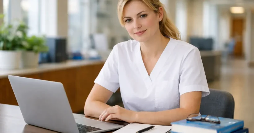 Pielęgniarka przy biurku z książkami i laptopem