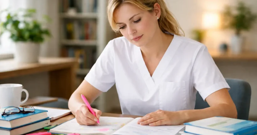 Pielęgniarka ucząca się do specjalizacji z notatkami