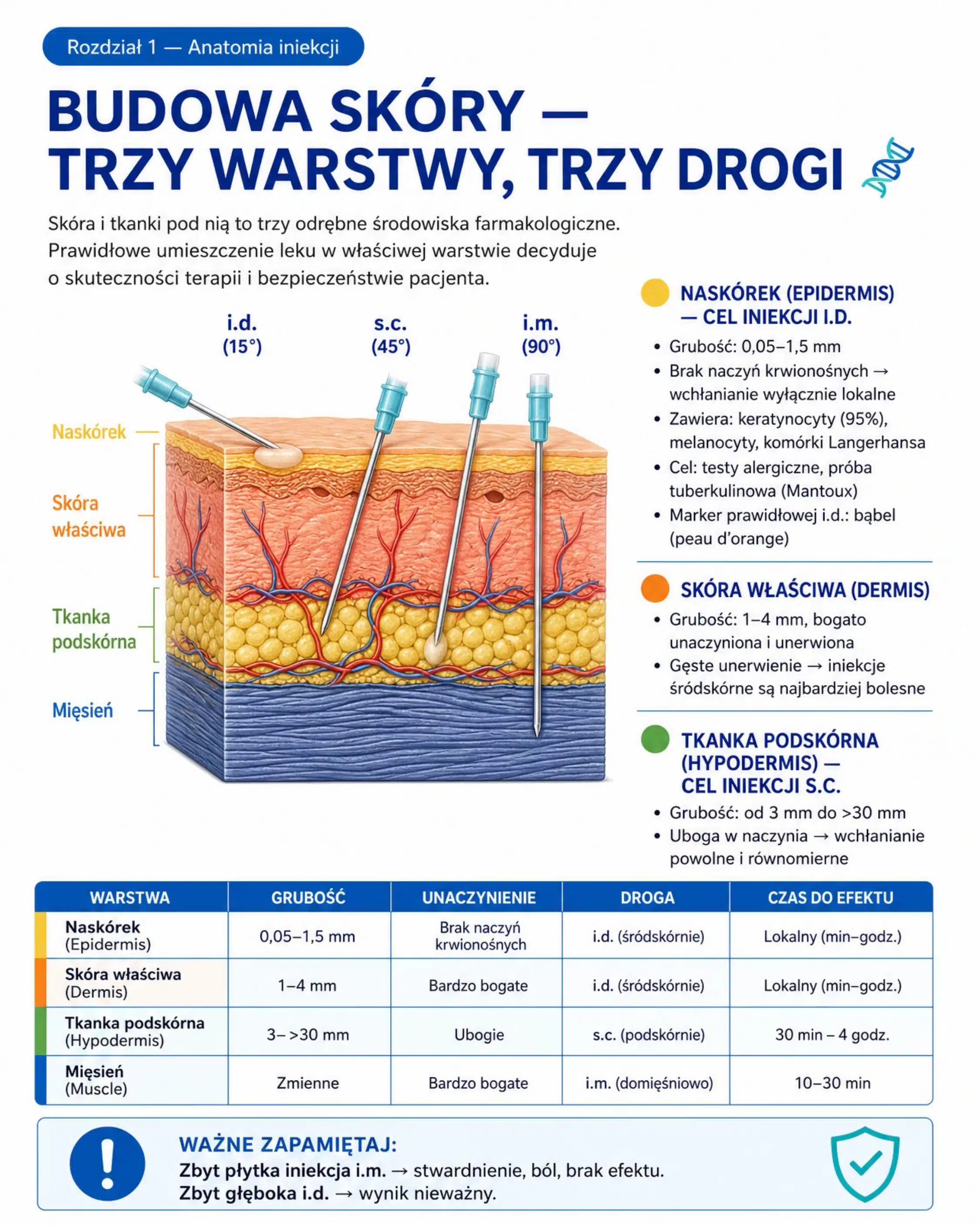 Infografika budowa skóry trzy warstwy drogi iniekcji i.d. s.c. i.m.