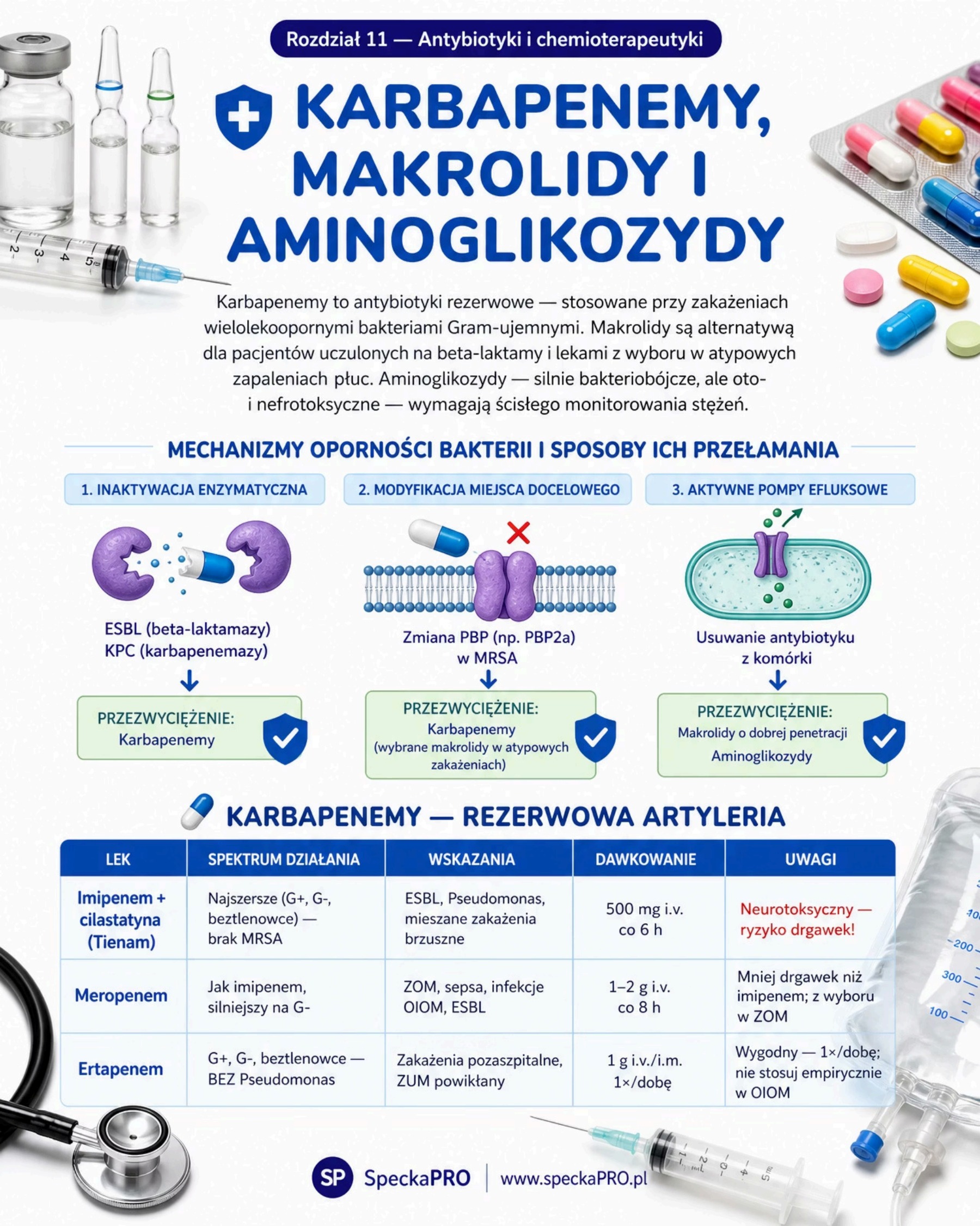 Karbapenemy makrolidy aminoglikozydy antybiotyki rezerwowe AMR antybiotykooporność dawkowanie kliniczne