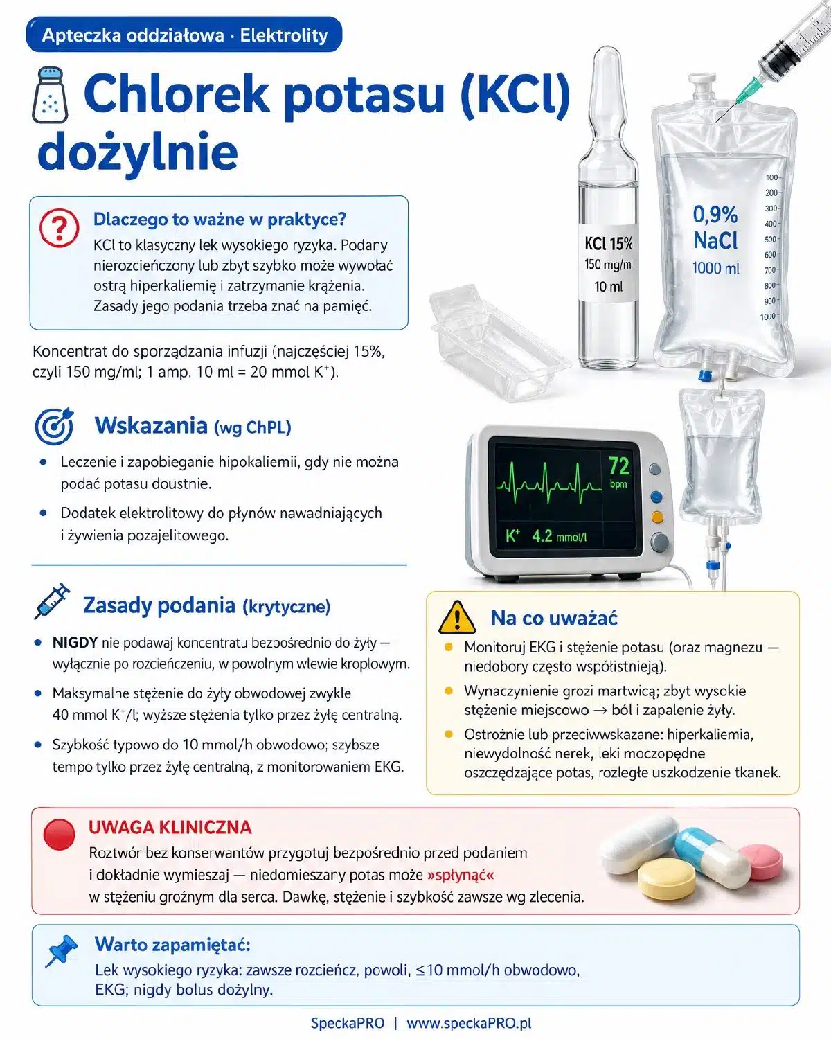 Karta leku chlorek potasu KCl dożylnie – zasady podania i monitorowanie EKG dla pielęgniarek