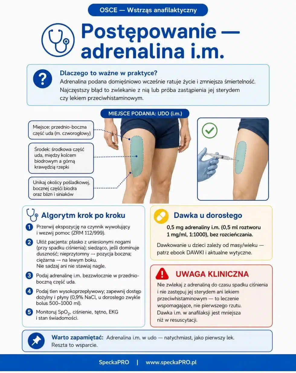 Wstrząs anafilaktyczny adrenalina domięśniowo udo dawka algorytm pierwsza pomoc stany nagłe pielęgniarstwo OSCE